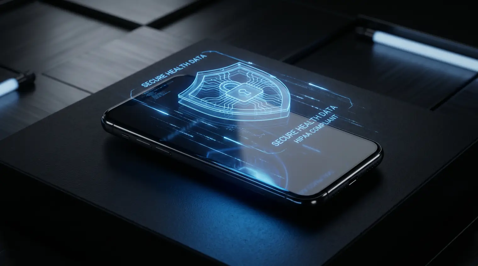Abstract illustration of an AI phone receptionist guarding encrypted, HIPAA-protected patient data