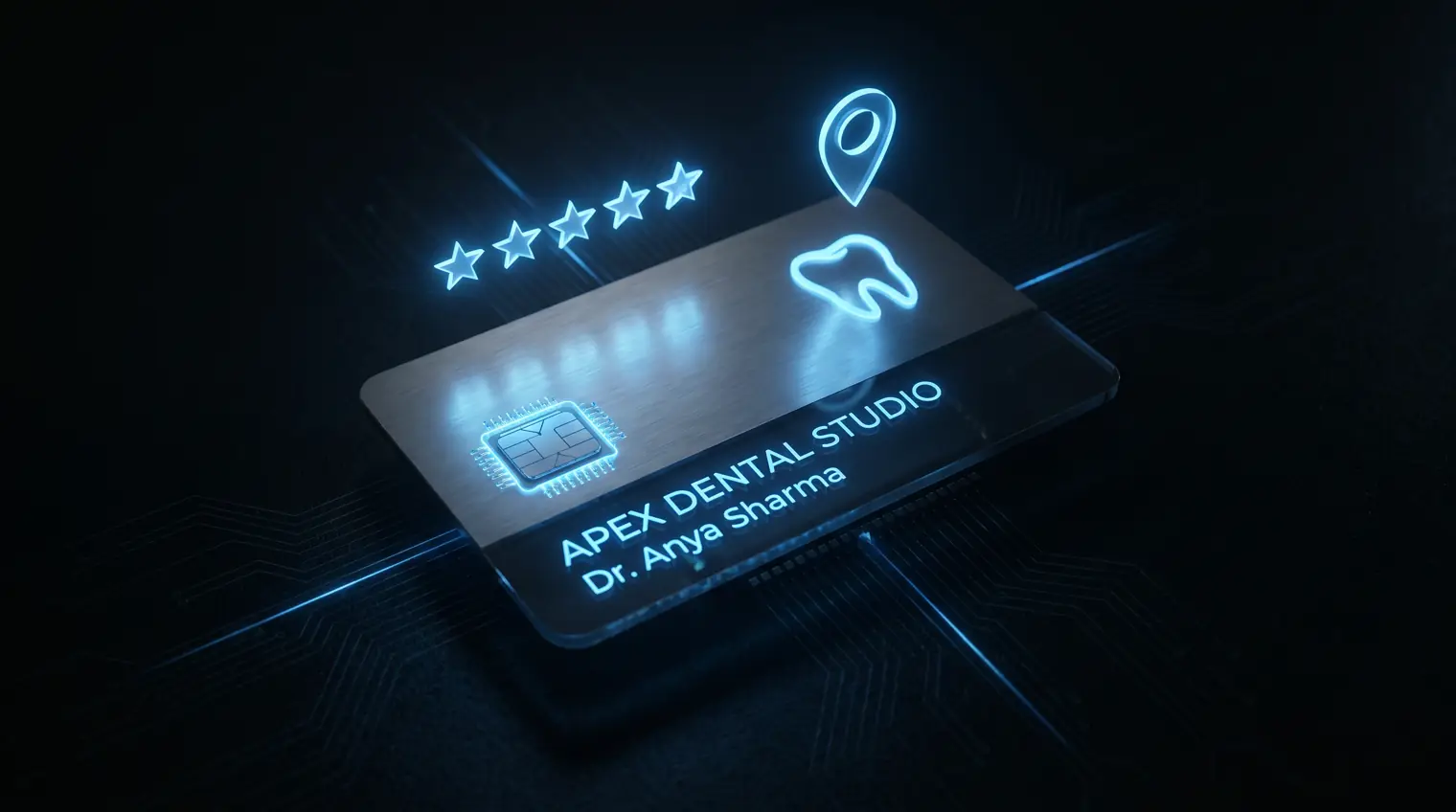 Abstract illustration of an optimized Google Business Profile with a five-star rating for a dental practice