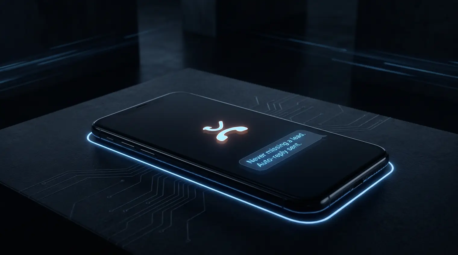 Abstract illustration of a smartphone automatically texting back a missed call from a patient