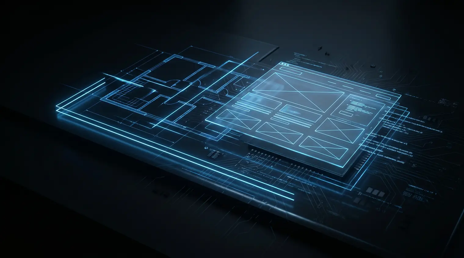 Abstract illustration of a contractor blueprint turning into a modern website layout