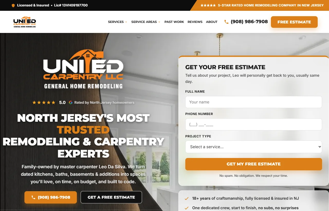 United Carpentry website, built by Optimum AI Solutions