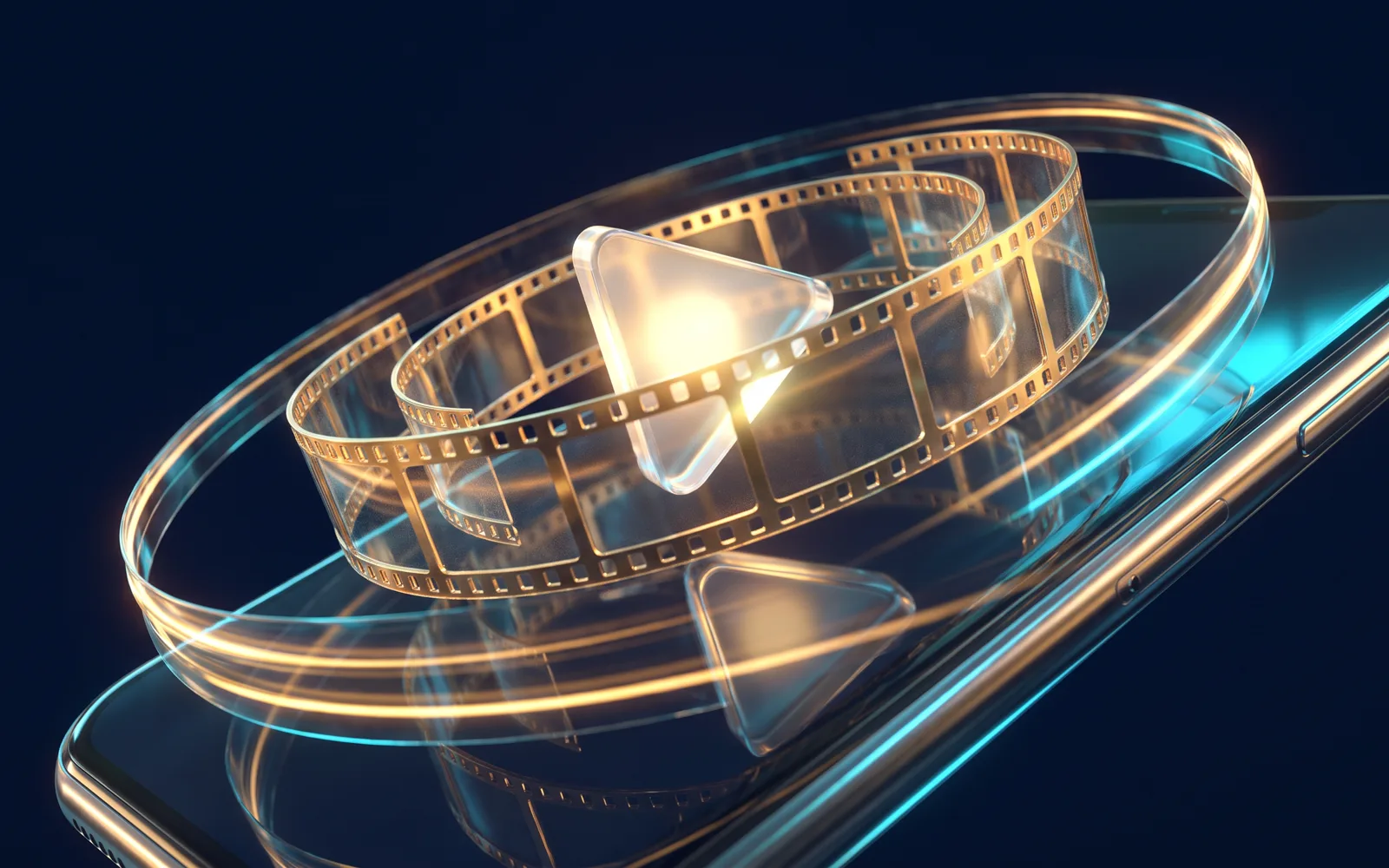 Cinematic film frames orbiting a play button above a phone screen