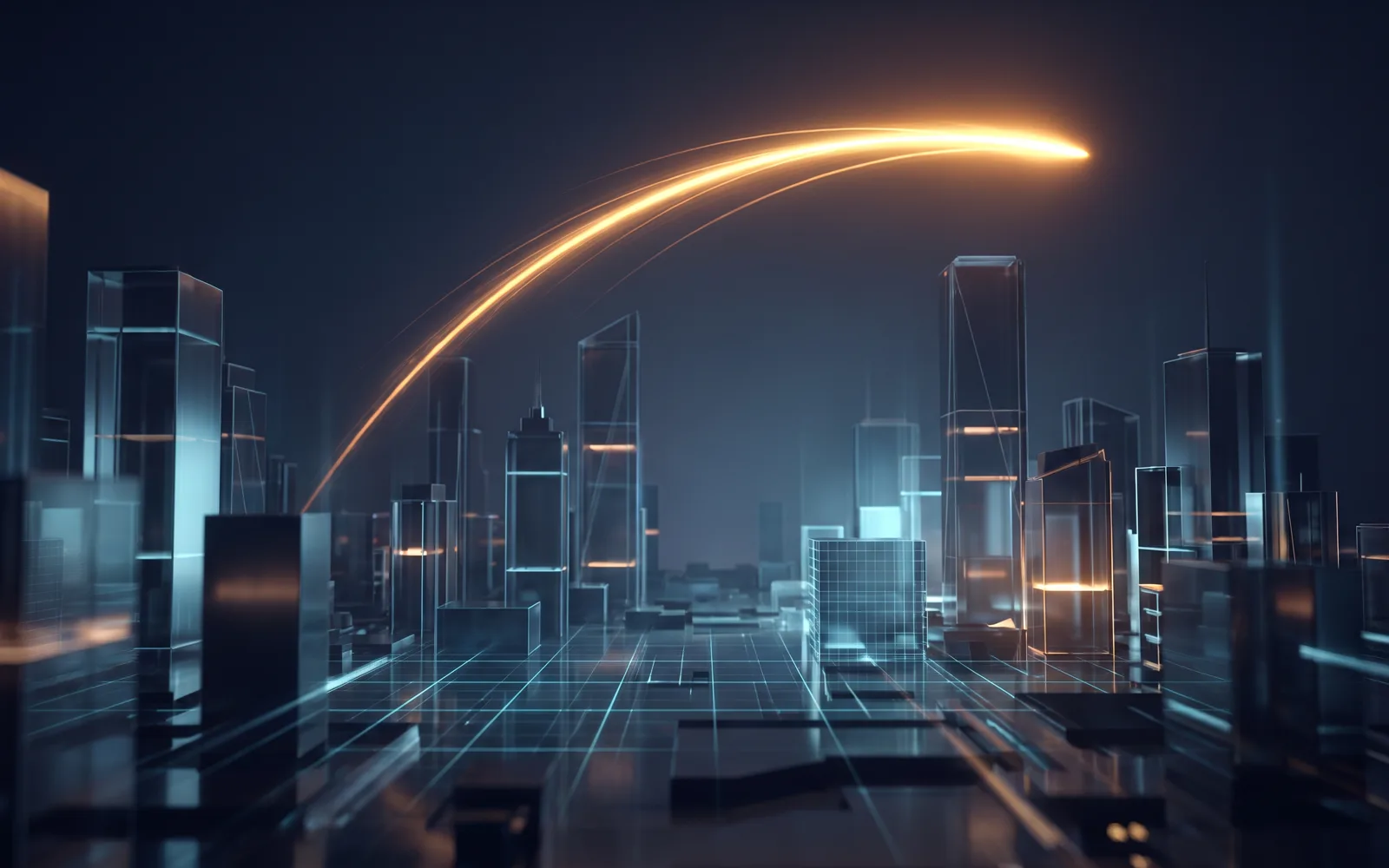 A rising curve of light crossing a city skyline at night