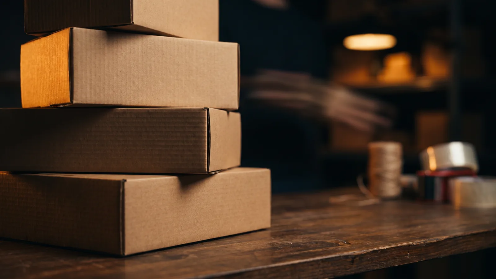 Warm-lit e-commerce fulfillment, cardboard boxes in motion, a thriving small business