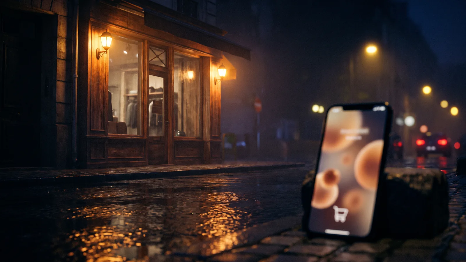 A glowing boutique storefront at night with a phone showing an online shop in the foreground