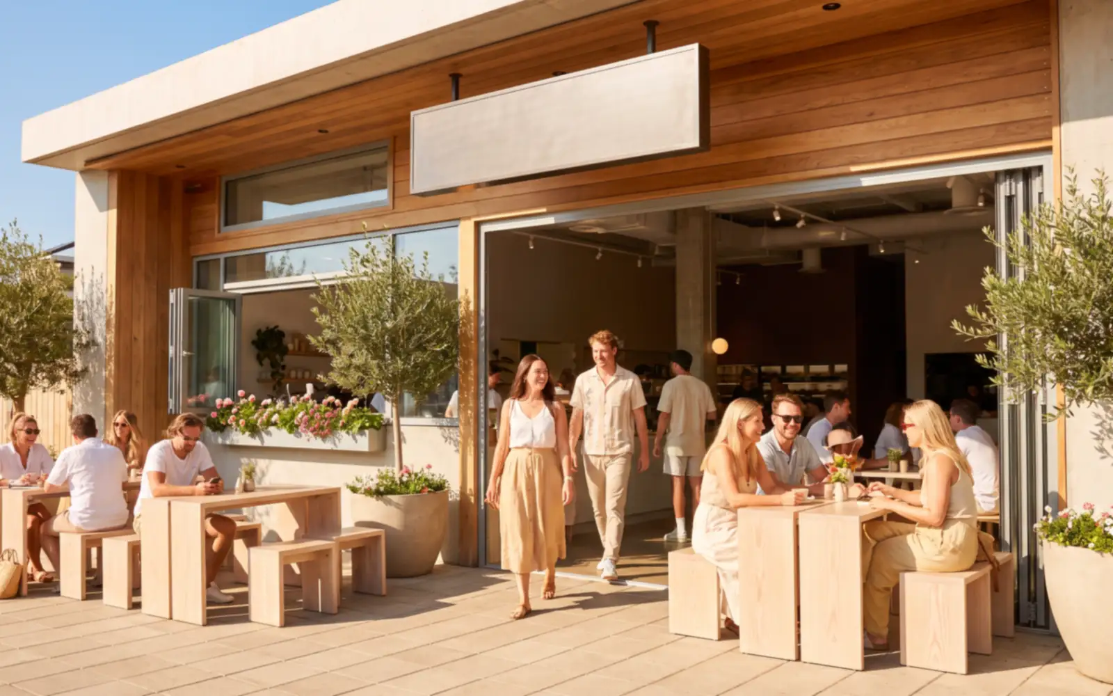 A busy, sun-drenched cafe patio full of customers at outdoor tables outside an open storefront