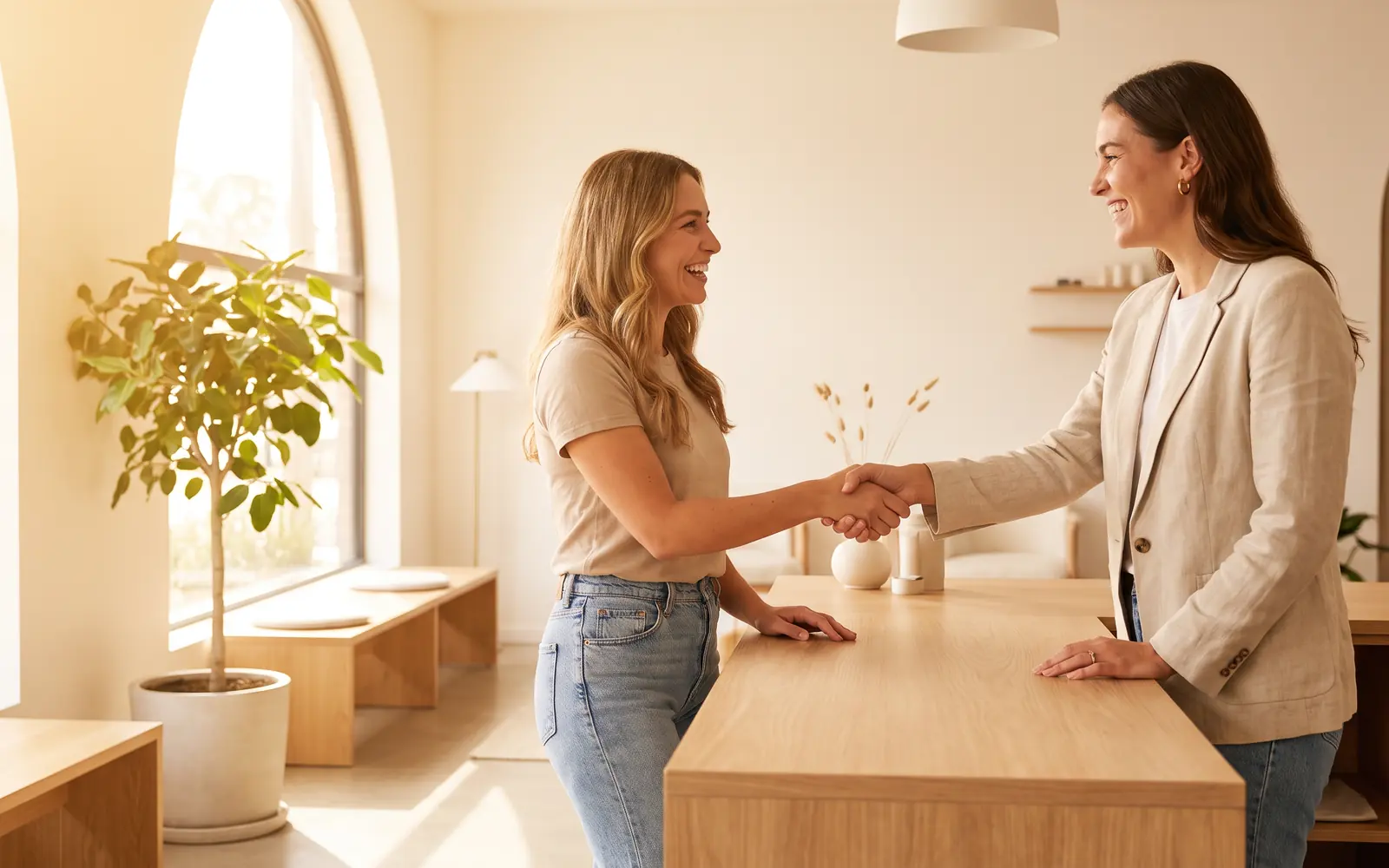 Two women smiling and shaking hands across a light-wood counter in a bright, sunlit shop