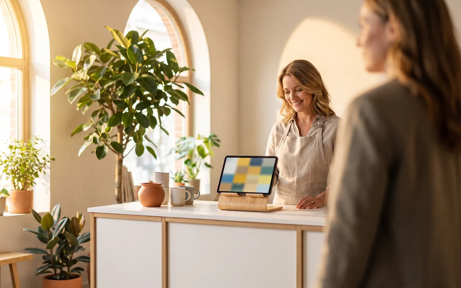 A smiling apron-wearing shop owner behind a bright counter glancing at a tablet showing a booking calendar, a customer softly blurred in the foreground
